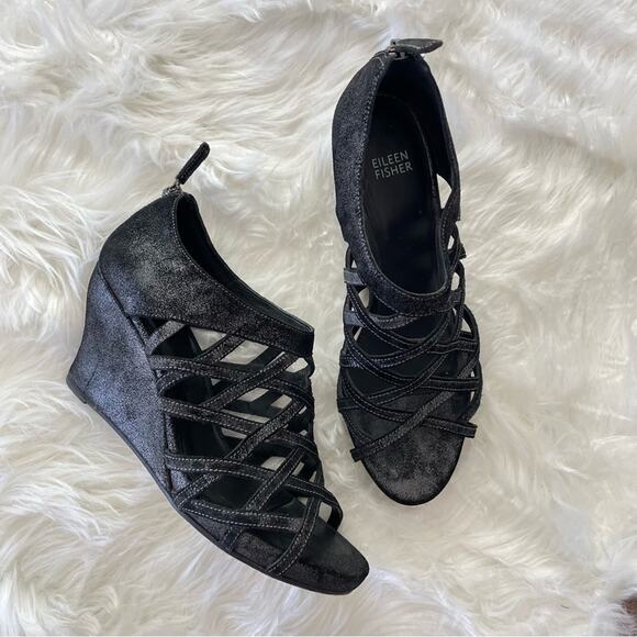 Eileen Fisher | Women’s Black Metallic Silver Fara Cage Open Toe Wedge Sandals 9 - Picture 1 of 9